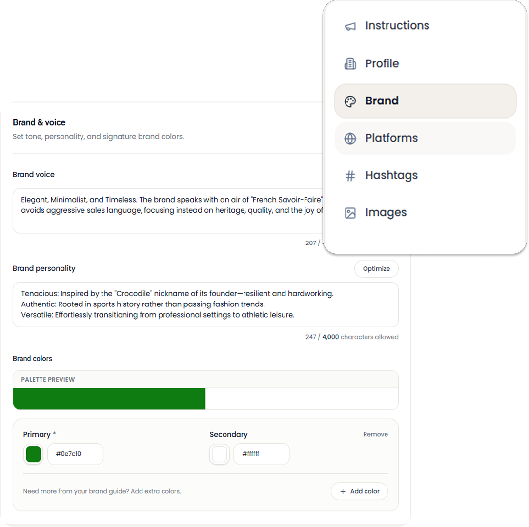 Brand voice, personality, and colors — set once in ContentIJ