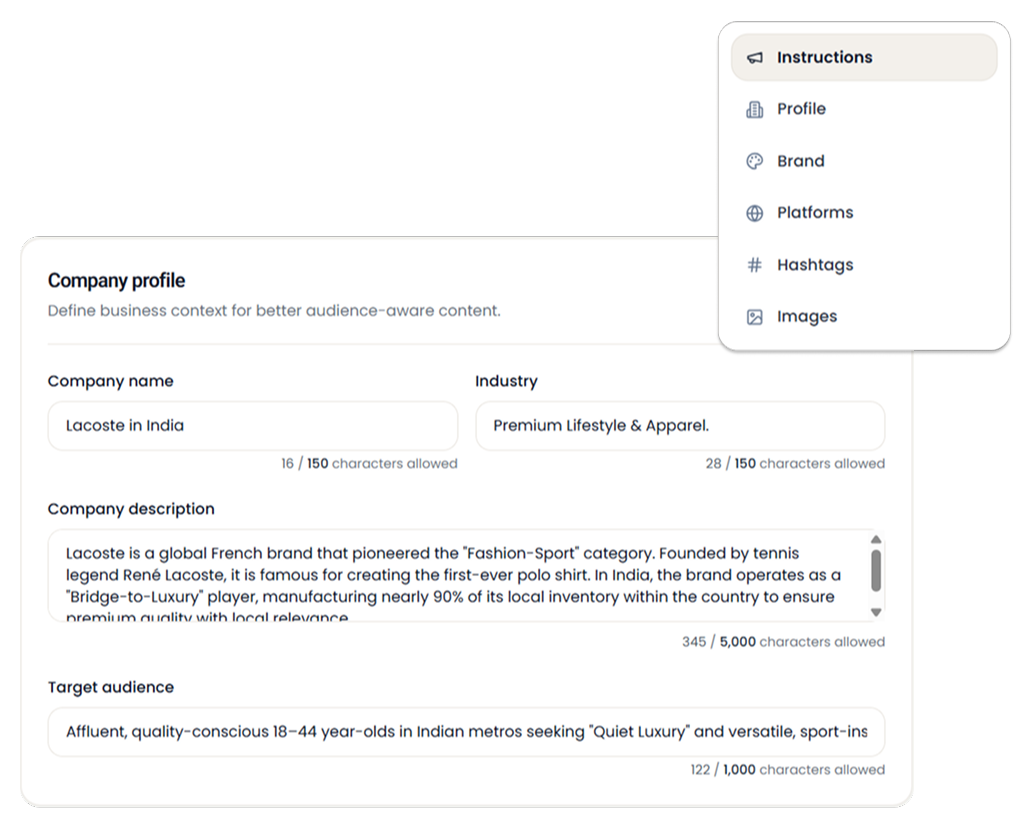 Company profile — industry, description, and target audience for on-brand content
