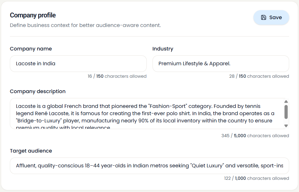 Brand setup — business name, industry, and guided onboarding steps