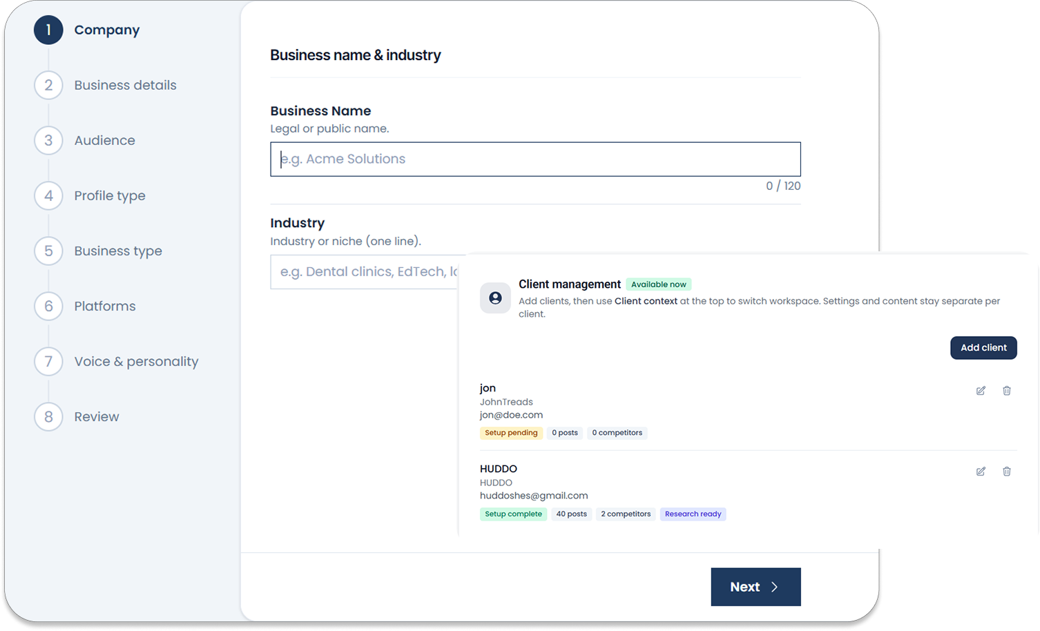 Client workspaces — each brand with its own voice and content