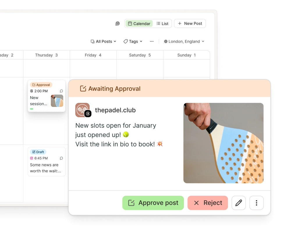 Shared content calendar with scheduled posts and approval status