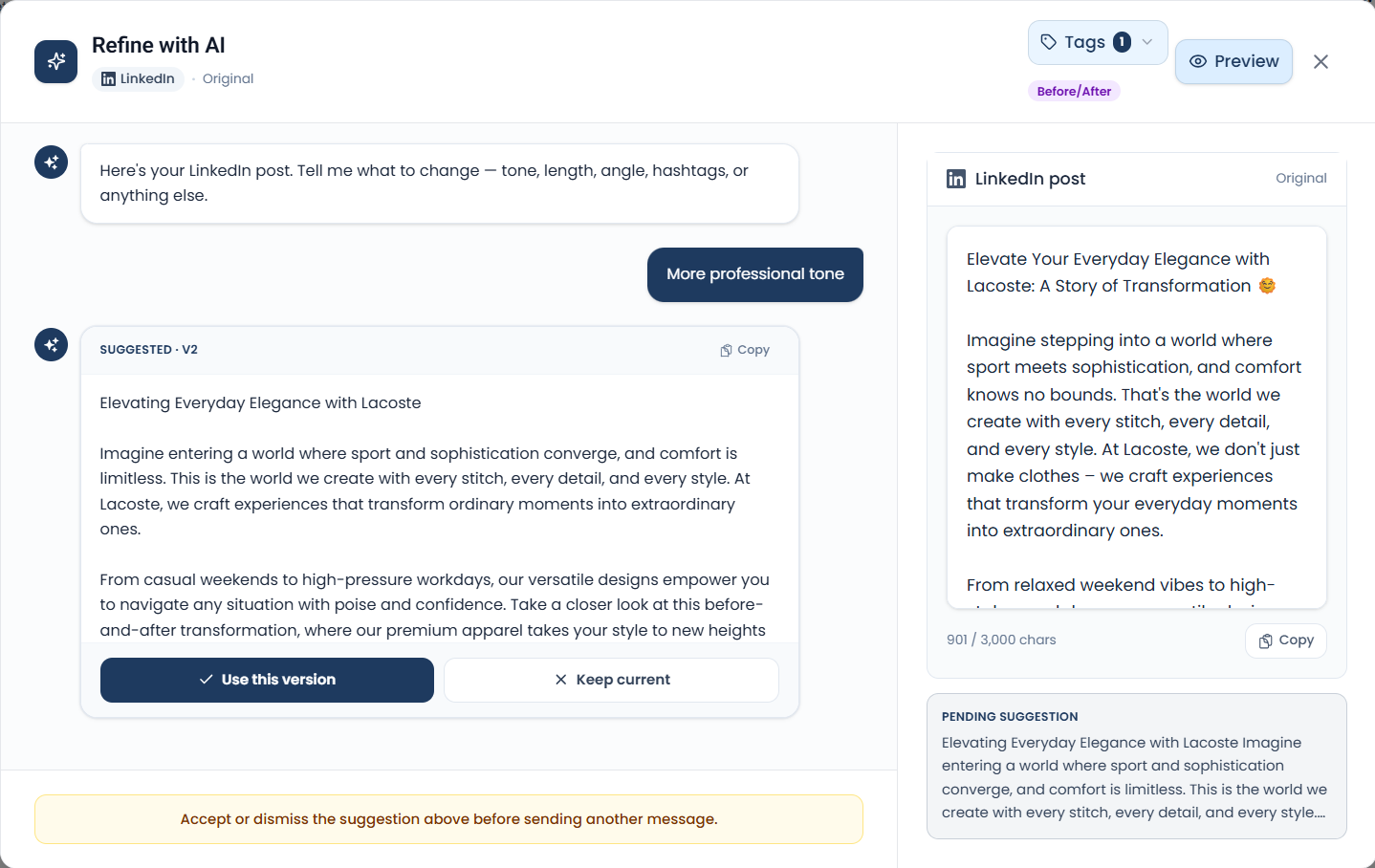 Rephrase and refine post copy with AI