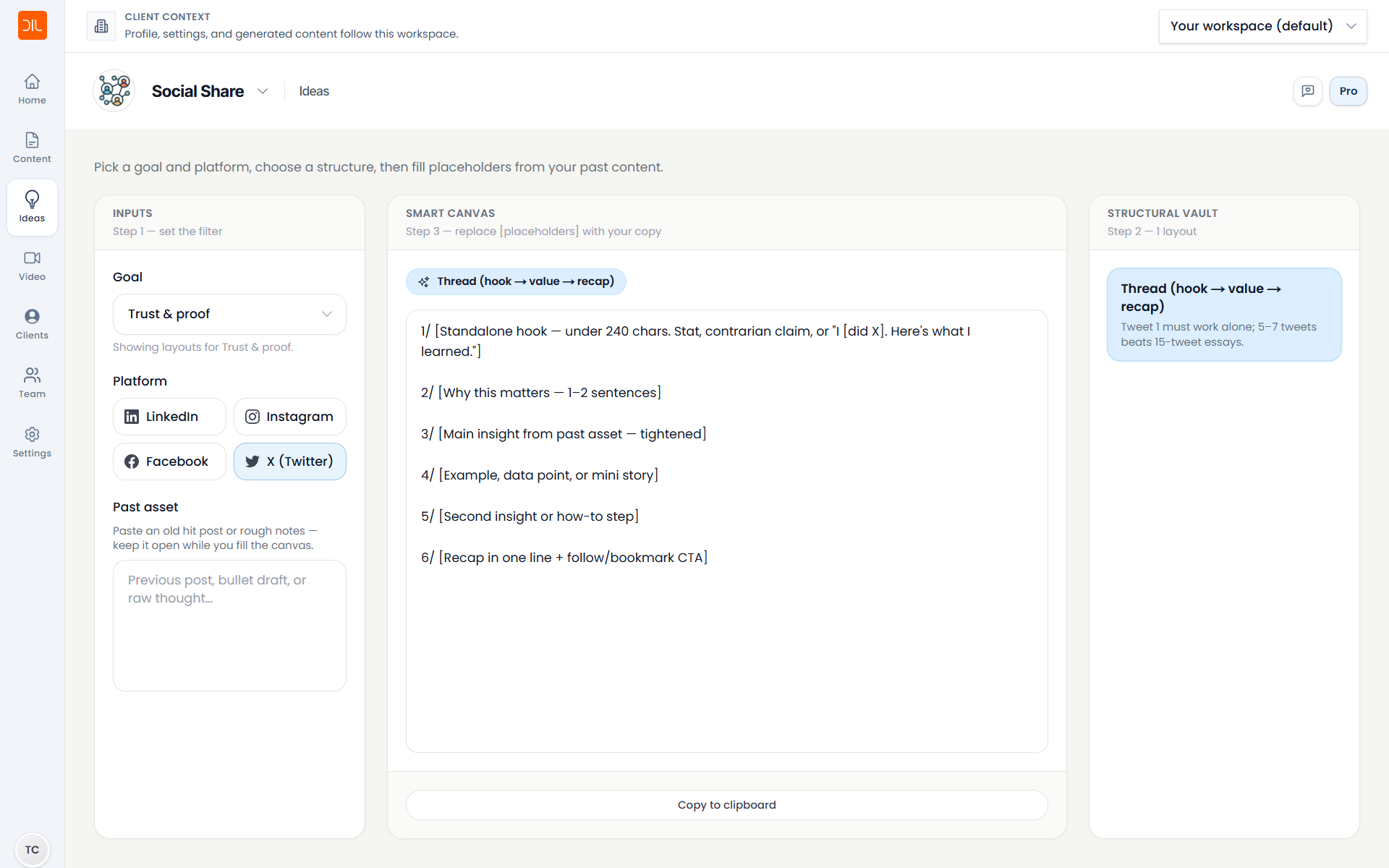 Ideate workspace — goal, platform, structural vault, and smart canvas in one screen