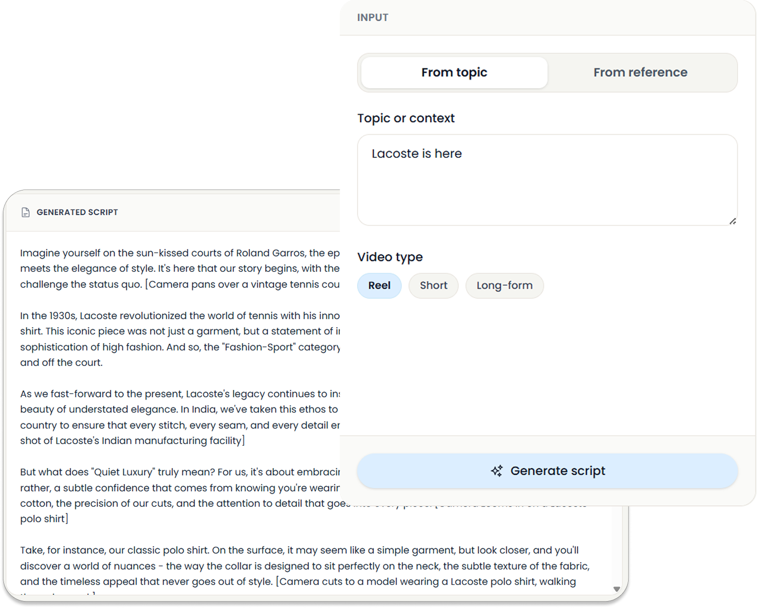 Generate a video script from a topic — reel, short, or long-form