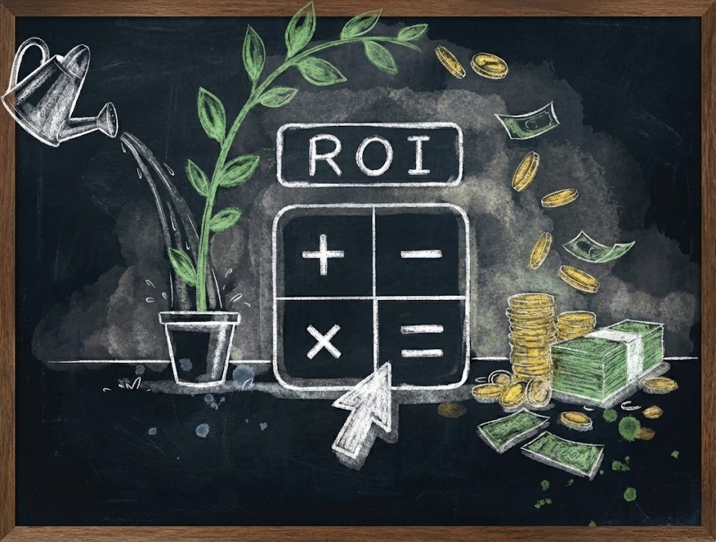 ROI calculator – value and returns illustration: growth, calculator, and financial returns