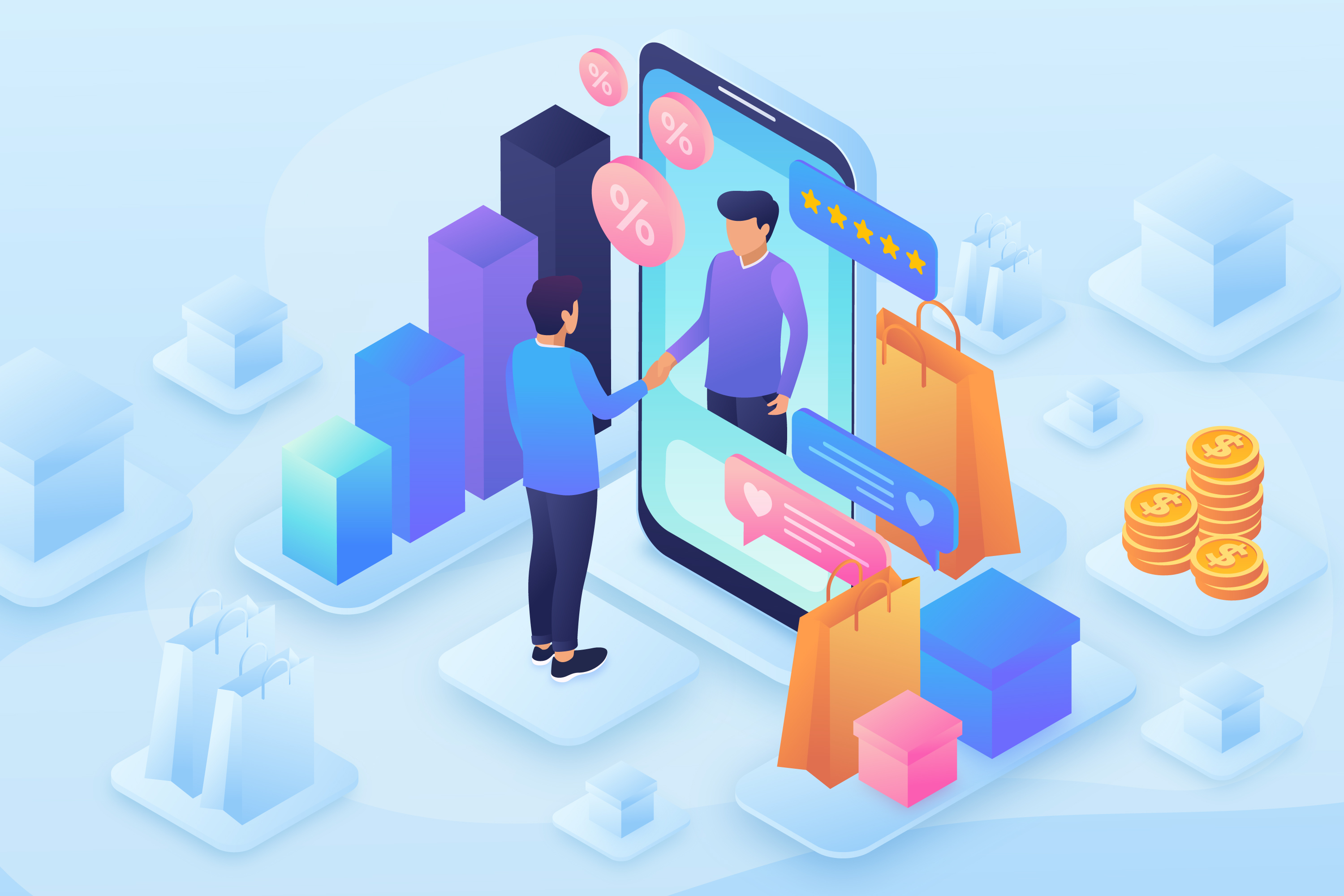 D2C e-commerce, orders, and social sales illustration