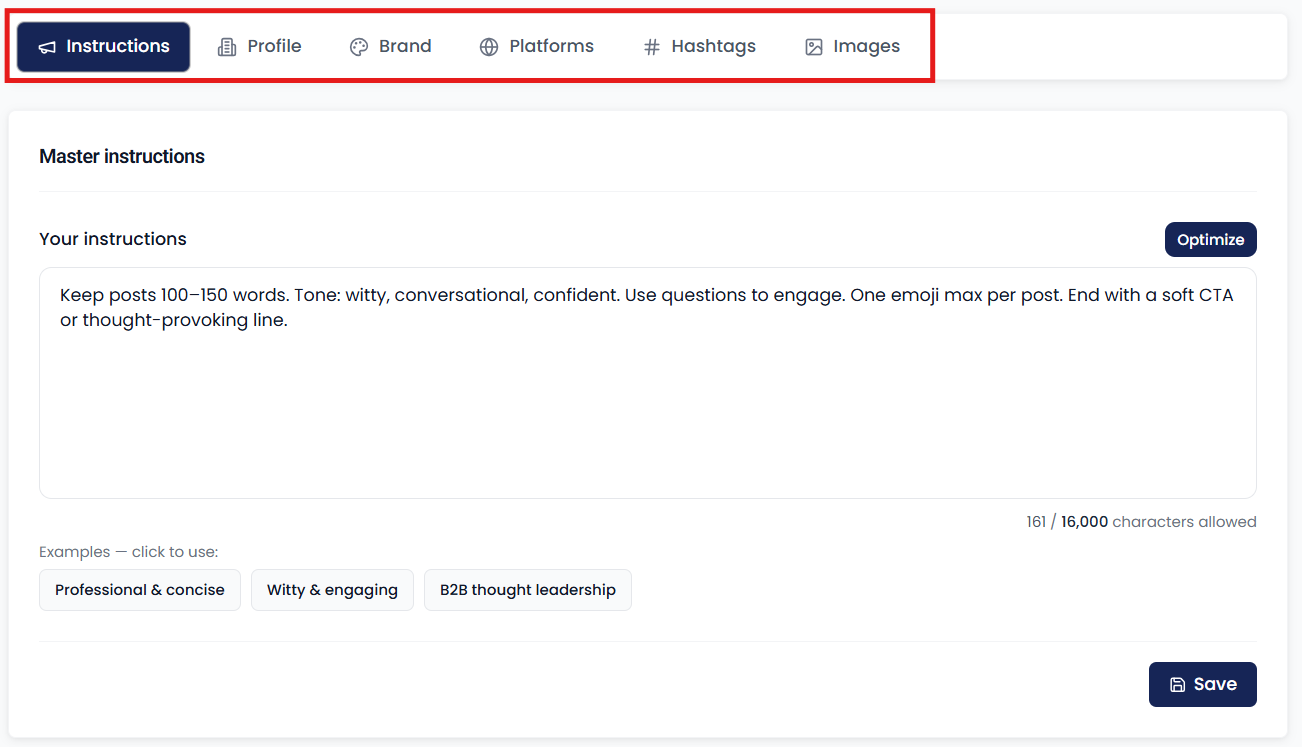 Brand settings screen with six tabs for voice, rules, and hashtags