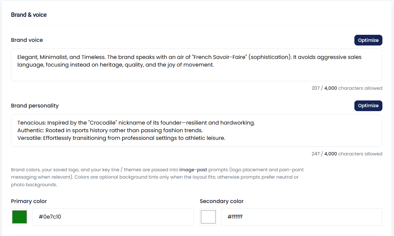 Brand voice tab for tone and personality in post captions