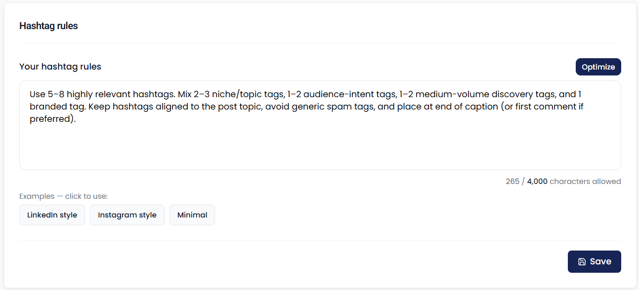 Custom hashtag rules tab for branded tag guidelines