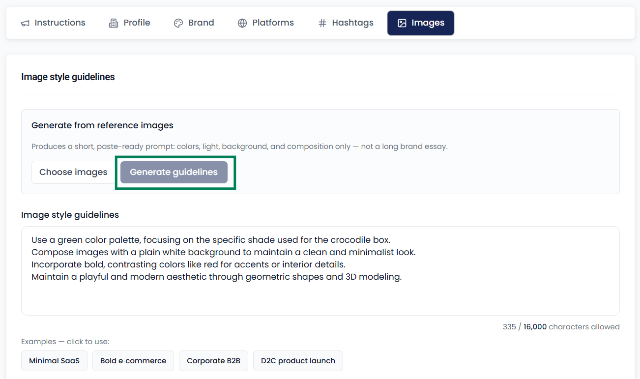 Auto-generated image style instructions from uploaded brand photos