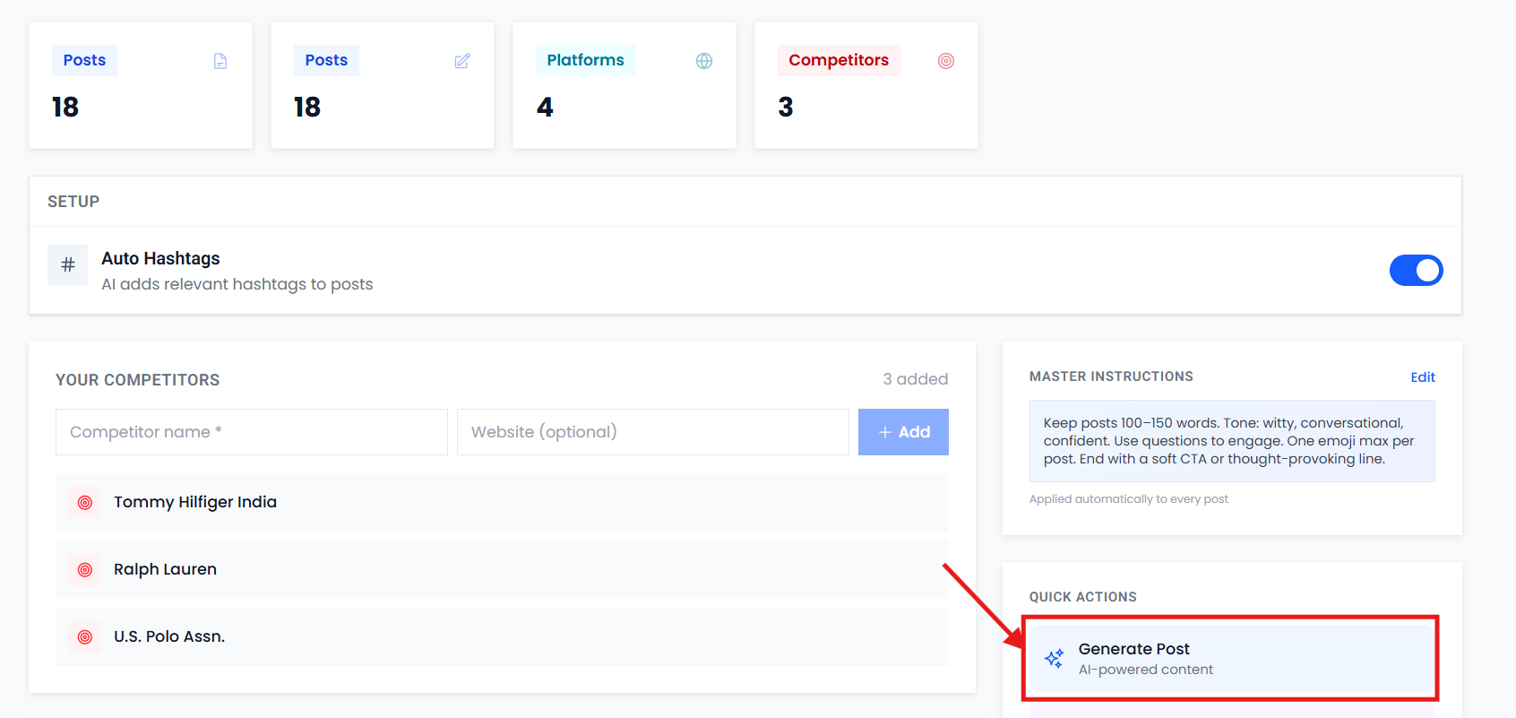Generate Post screen after branding setup with topic and brief fields