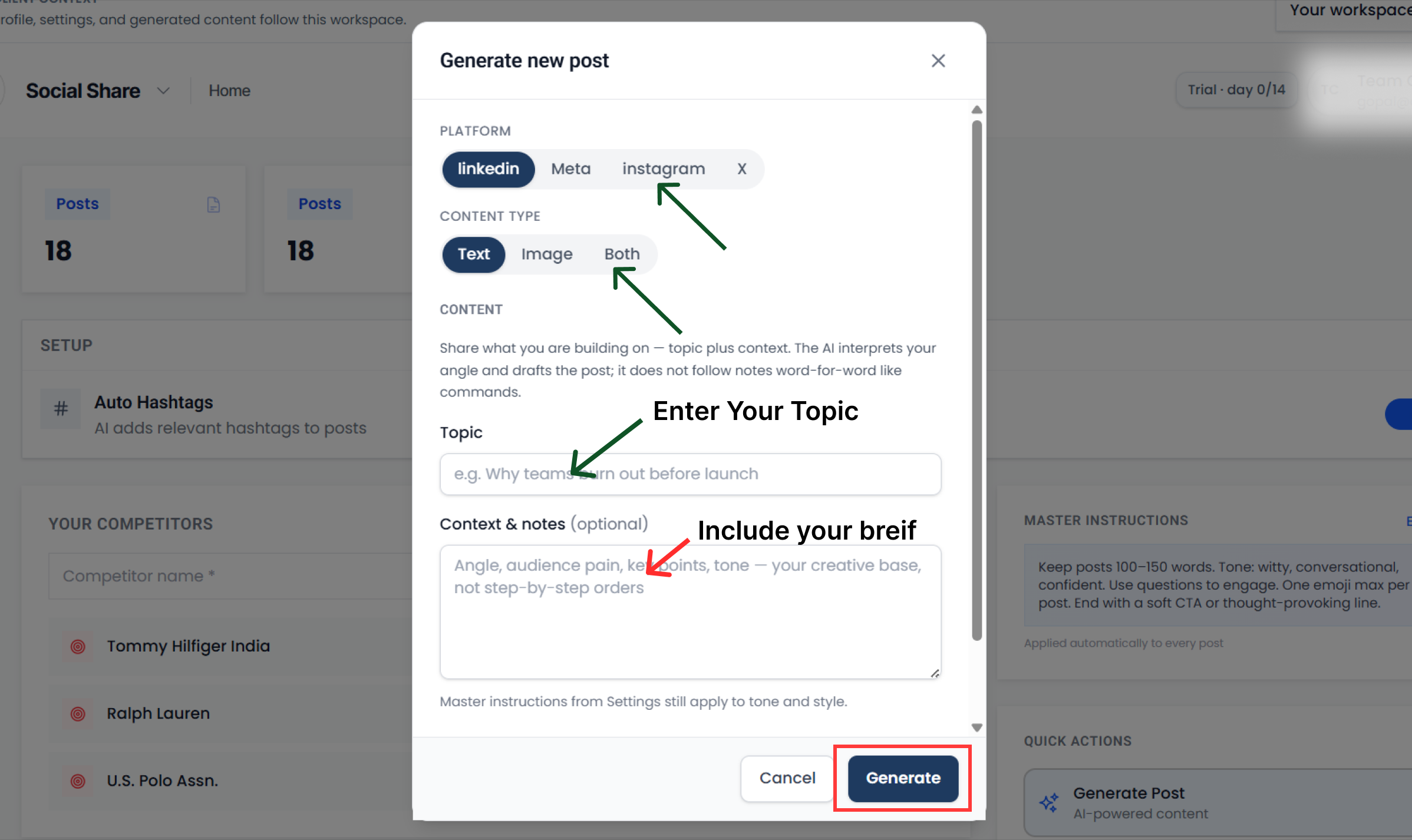 Post topic and brief form before generating branded content