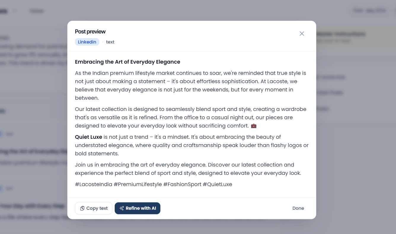 Finished caption preview with hook, body copy, and niche hashtags