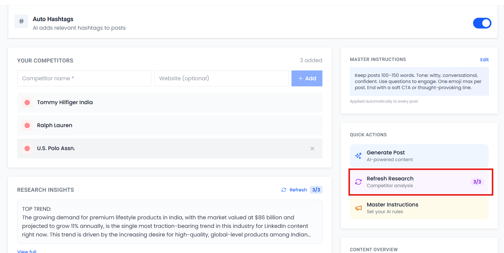 Market research results comparing competitor positioning for D2C captions