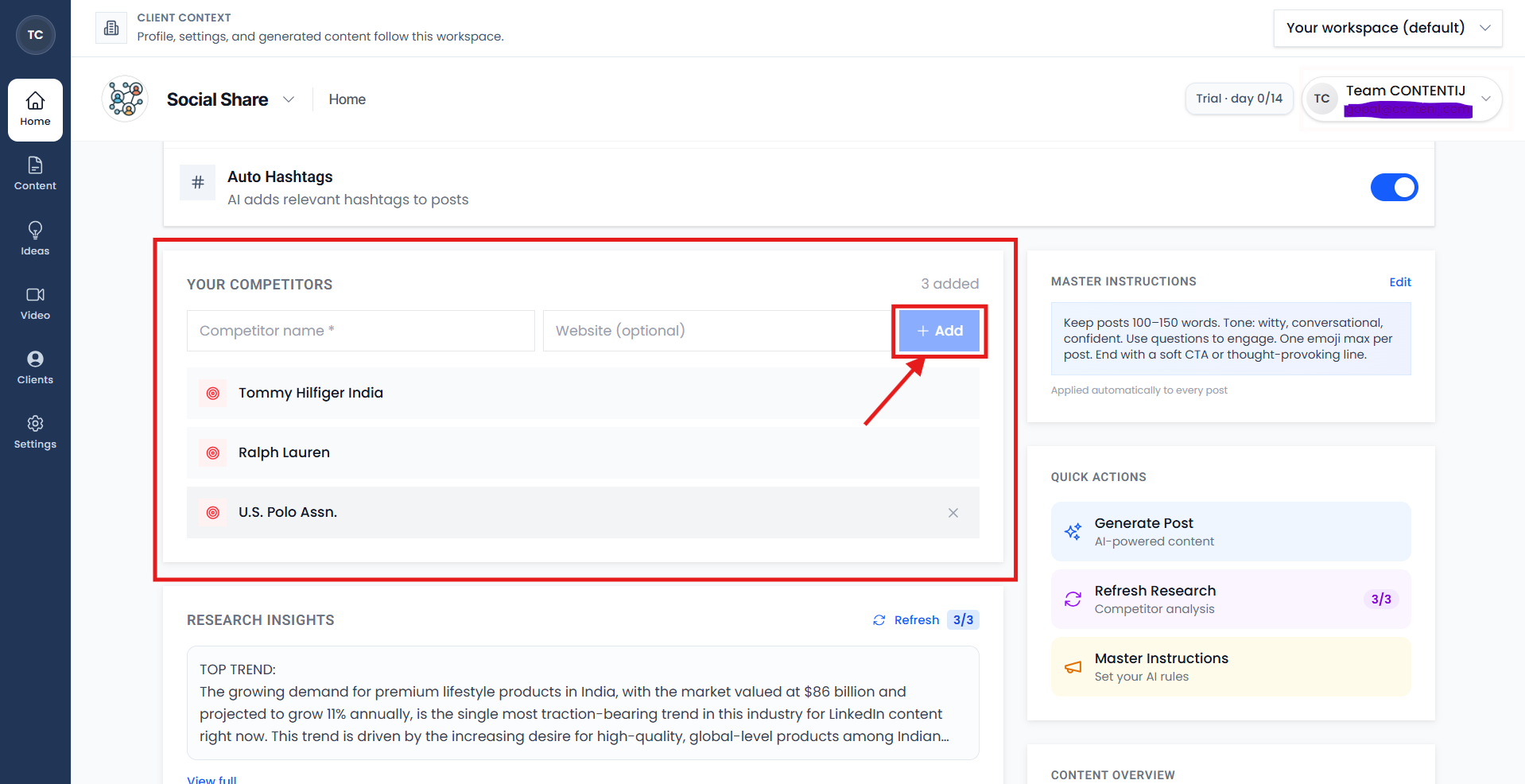 Workspace home screen with competitor URL field before market research