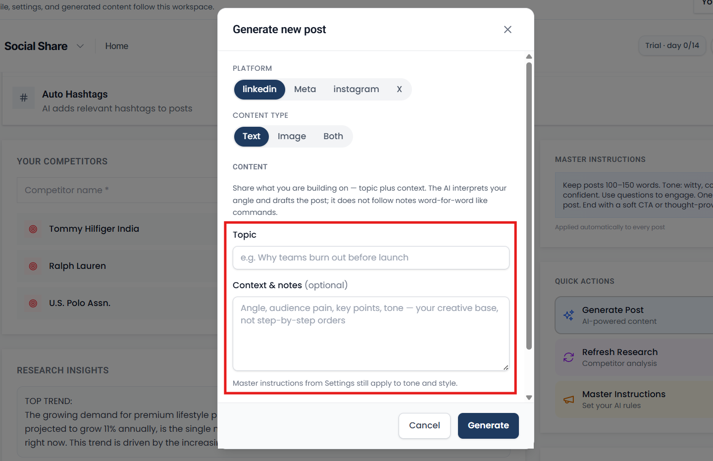 Generate Post form with platform, topic, and branded Instagram caption output