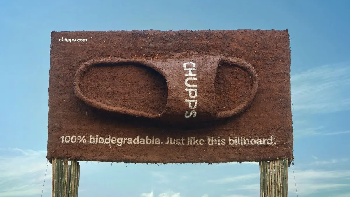 Chupps billboard made from eco-friendly clay slippers, highlighting sustainability